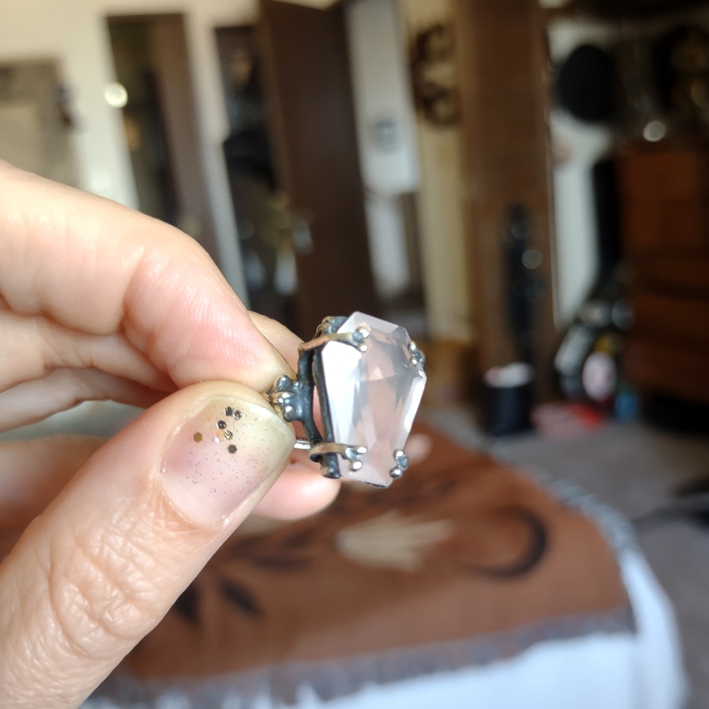 Bloodmilk Ghost Rose Quartz Medium Easeful Death Coffin Ring - Picture 5 of 7